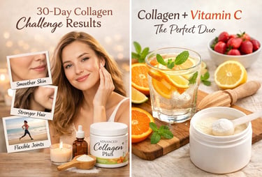 Before and after collagen supplement results for skin, hair, and joints with vitamin C drink.