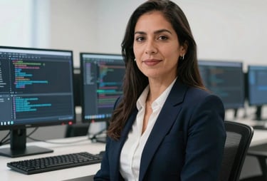A professional portrait of a Mexican / Latin American female computer systems engineer and digital activist in her mid-thirties, sitting in a pristine, bright white Mexico City office with subtle glowing screens in the background showing complex computer code. Beautiful soft architectural lighting.