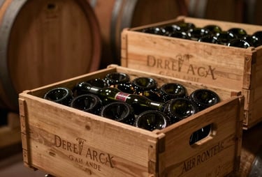 A moody, close-up photograph of a vintage wine cellar in Europe, with warm lighting and bottles stacked in wooden crates, creating an atmosphere of heritage and quality.