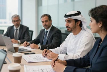 Candid photography of a professional meeting in a bright, glass-walled office in Dubai, with focus on project blueprints and coffee cups, Gulf region professional attire.