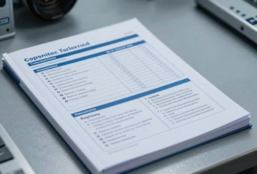 Close-up of a professional handbook or logistics procedure guide on a clean desk, industrial setting, steel blue tones.
