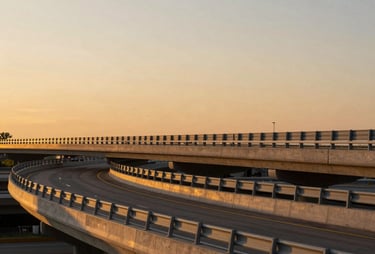 Wide-angle photograph of a finished North American highway interchange at sunset. The sleek concrete curves and steel safety barriers are illuminated by golden light, representing civil engineering success.
