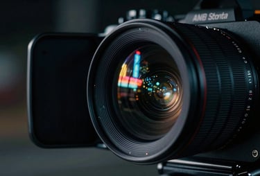 A cinematic close-up in film noir style: a professional camera lens reflecting the neon lights of a North American / US city at night, heavy shadows in midnight black and highlights in ghost white.