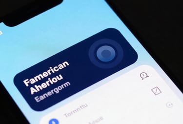 Macro shot of a high-resolution smartphone screen showing a clean app interface with sky blue and navy blue elements. North American / US studio lighting.
