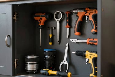 A photograph showing a collection of high-tech home maintenance tools neatly organized in a custom-built cabinet within a North American garage.
