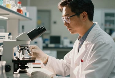 Candid photo of a scientist working in a modern, warm North American / US lab. Cinematic sun-drenched lighting, professional and authentic feel.