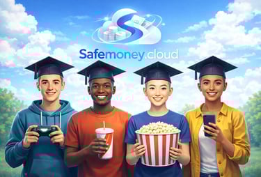 Students group wearing graduation caps  under Safemoney.cloud in daylight showing smart spending guidance