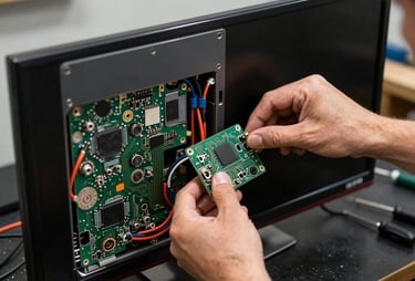 Close-up of a technician's hands removing the back panel of a flatscreen television, tungsten workshop light, circuit boards and cables visible inside the open screen unit, dark tool-covered workbench below