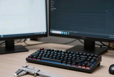 Clean workspace showing a technical workstation with two large screens, a mechanical keyboard, and a high-precision caliper lying on a table. Precision and detail orientation.