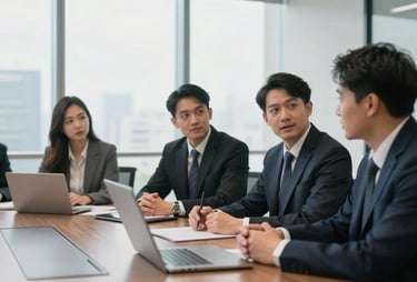 Clean photography of a group of Southeast Asian business people in a high-rise office boardroom having a discussion, soft natural light.