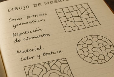 Close-up of a designer's notebook with handwritten notes in Spanish and small sketches of mosaic patterns, minimalist aesthetic.