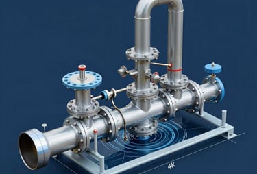 Technical drawing of a water treatment system, highlighted by a dark blue background and light blue accents. Professional and detailed.