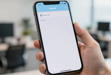 A professional smartphone held by a hand in a bright office. The screen shows a clean, user-friendly interface with light blue accents. Focus on the screen, soft lighting.