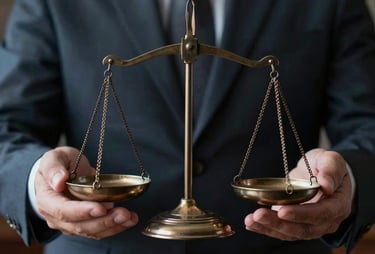 A close-up of a person's hands holding a pair of classic legal scales. Dark, dramatic lighting with steel blue accents. Symbol of justice and balance.