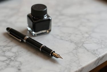 A close-up photograph of a professional marble desktop with a black inkwell and a fountain pen. The tone is formal and ceremonial.