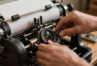A close-up of the artist's hands using a traditional printing press in a warm, cinematic North American studio.