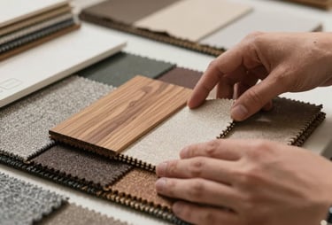 A close-up of a designer's hands reviewing high-quality wood and textile samples in a North American design studio, showing focus on texture and detail.