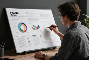 Professional Spanish designer in a dark minimalist office, looking at a large scale branding plan, soft side lighting, premium feel.