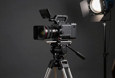 A minimalist dark studio background with a spotlight on a high-end cinema camera tripod in a North American setting.