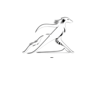 Minimalist black and white line art of a graceful Borzoi greyhound running. Logo