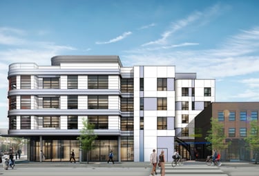 a rendering of a blue and white art-deco apartment building