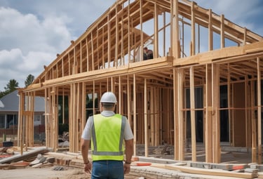 A construction site featuring a partially-built structure with exposed scaffolding and metal beams. The area is enclosed with a temporary barrier featuring images of construction workers and the word 'TEAMSWORK'. A tall crane is visible in the background. Sparse trees line the pavement in front of the construction area.