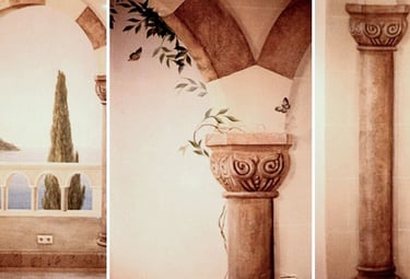 Three details of Moorish-style trompe l’oeil mural in boutique tile showroom, by House of Lyria