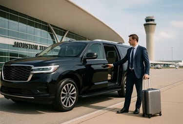 Private chauffeur opening SUV door for executive at Houston airport terminal with suitcase and control tower in background.