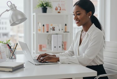 a woman sitting at a desk with a laptop computer