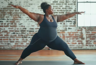 Mujer haciendo yoga, postura Virabhadrasana II