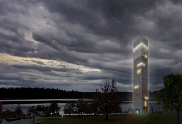 a rendering of a metal observation tower in the rain