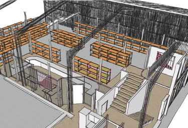 3D architectural visualization of a commercial warehouse layout demonstrating logistics and storage 