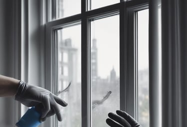 Person cleaning windows in a renovated living room with natural light.