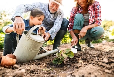 Une famille qui cultive leur potager