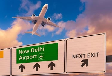 a plane flying over a highway sign new Delhi airport with a plane in the background