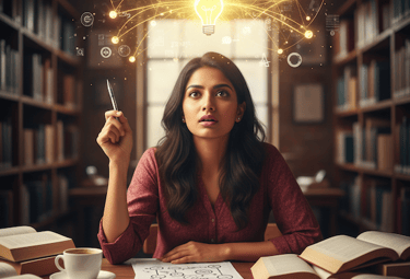 InnerLoom Life Coaching: woman finding clarity while journaling with warm light and creative ideas