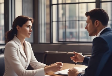 A man and a woman talking in a public setting indoors