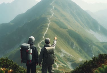 Zwei Wanderer stehen vor einem Berg, der eine weist dem anderen den Weg, symbolisch für Coaching.