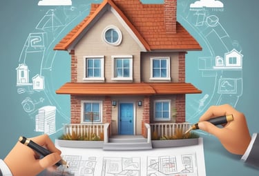 A view of the upper floors of a light-colored building with multiple windows and ornate architectural details. A red and white 'For Sale' sign with contact information is visible on the building's facade. The building is surrounded by greenery, and there are overhead utility lines. The sky above is partly cloudy with patches of blue.