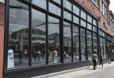 A single-story commercial building with sparkling windows under a clear blue sky.