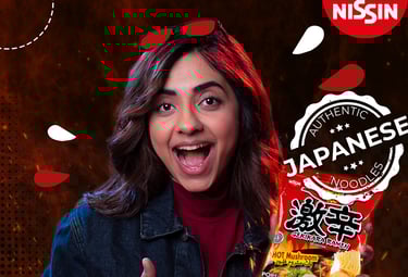 graphic design with a model holding a product and smiling