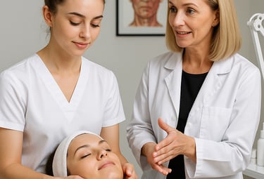 Professional esthetician instructor teaching a student facial massage techniques on a client in a spa clinic.