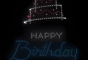 Drone show forming a birthday cake and Happy Birthday message in the night sky by SkyFiesta Malaysia