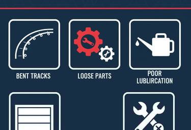 graphic of "common causes of a noisy garage door" that has 5 sections - bent tracks, loose parts, poor lubrication, unbalance