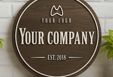 Round wood sign with placeholder logo and company name. Laser engraved custom branding décor.