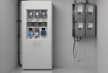 Modern office building with integrated battery storage units and solar panels on the roof.