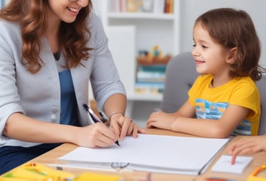 a woman sitting at a table with a child