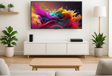 Modern TV setup in tidy living room with vibrant screen. Digital handyman tech cleanup in Iowa.