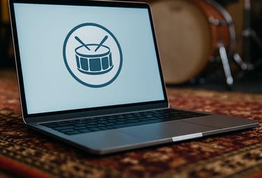 a laptop computer screen with a drum kit and drums