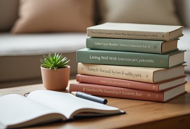 A stack of bladder pain syndrome and interstitial cystitis books on a table in a cozy living room